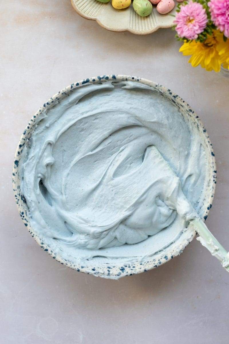 the vanilla cream cheese buttercream in a mixing bowl.