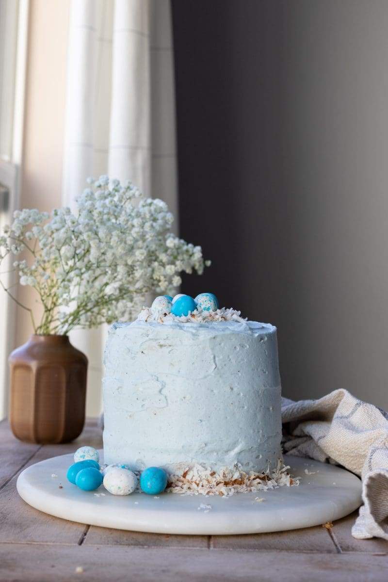 view of the frosted whole robin's egg cake