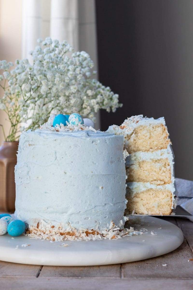 taking a slice from the mini robin's egg cake