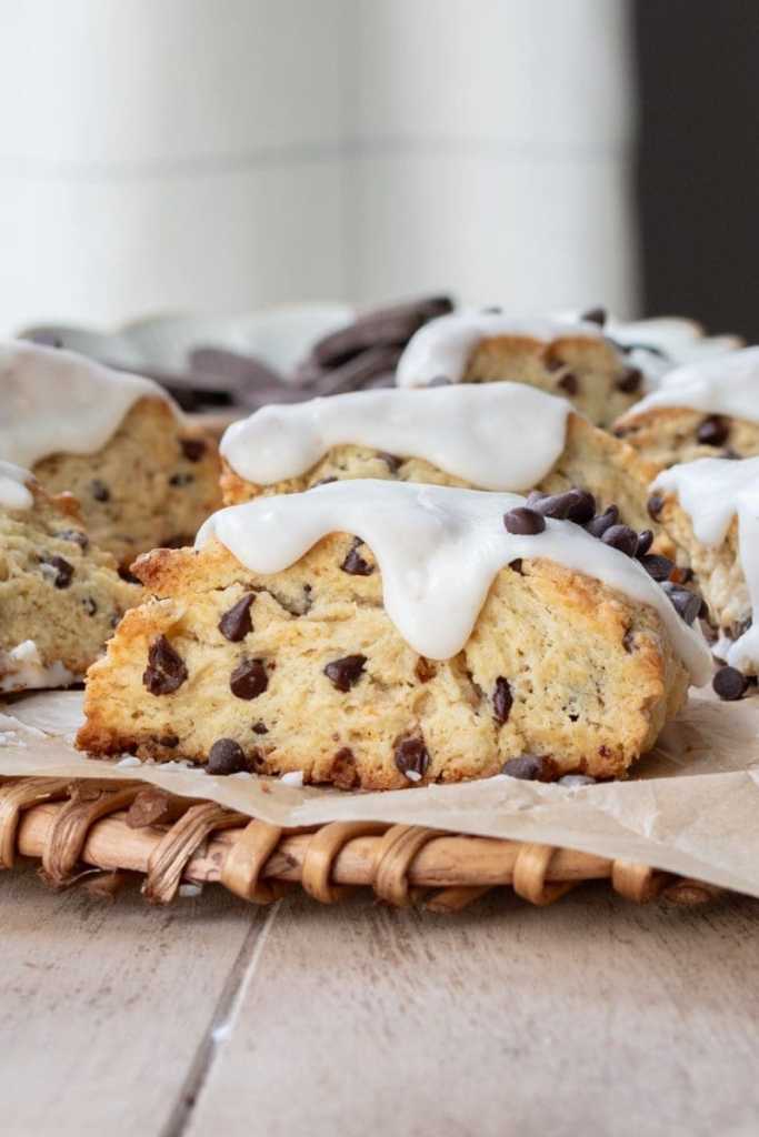 Close-up straight on view of the brown butter chocolate chip scones.