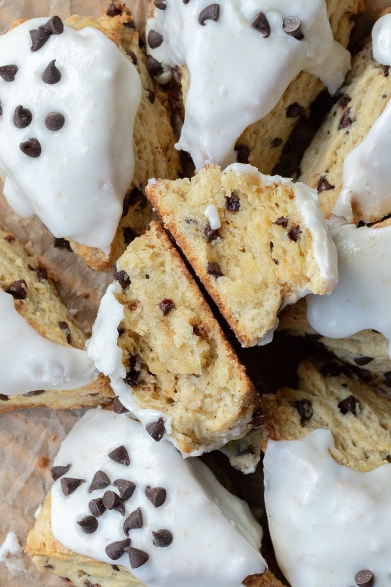 Close-up of the cross-section of the brown butter chocolate chip scones.