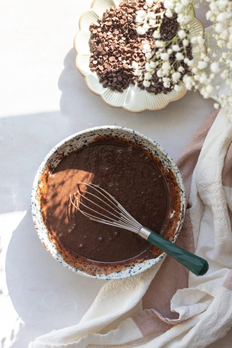 The cake batter after all the wet ingredients have been added in.