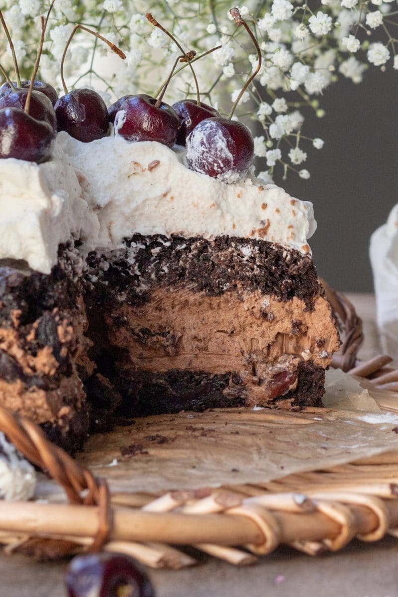 Close up of the cross section of the chocolate cherry cake.