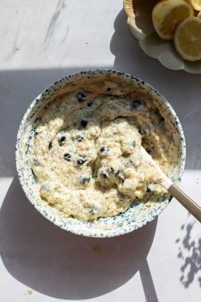 The finished lemon blueberry poppy seed muffin batter, prior to baking.