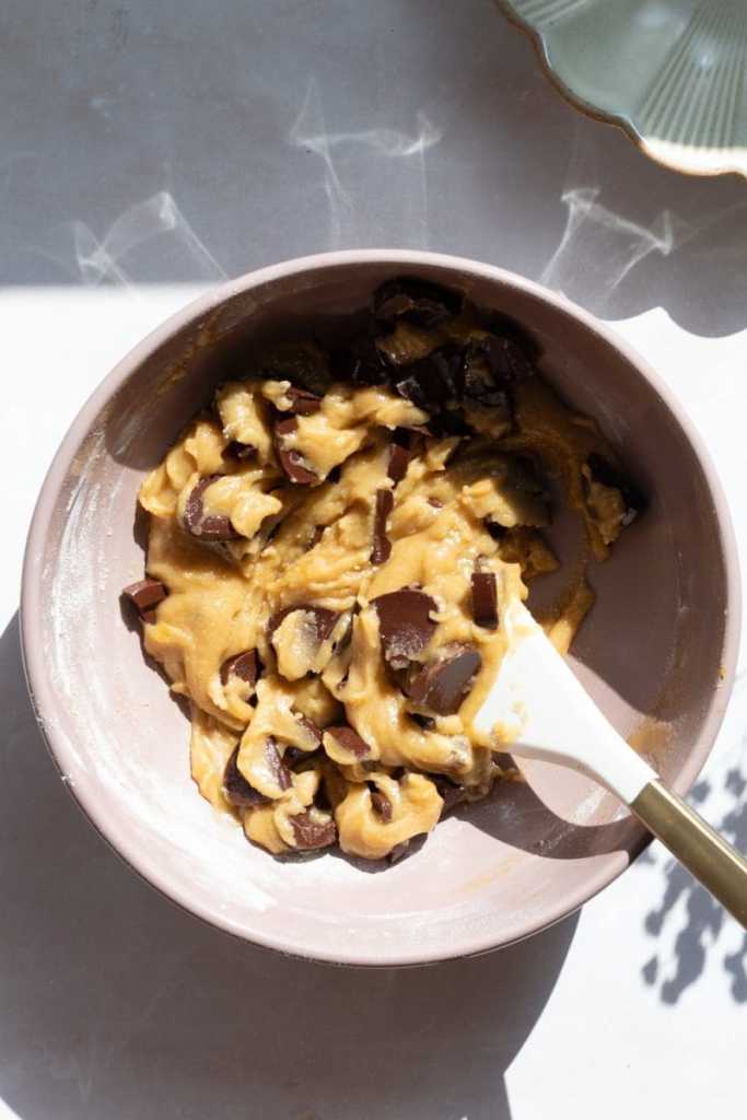 the cookie dough in a mixing bowl prior to baking