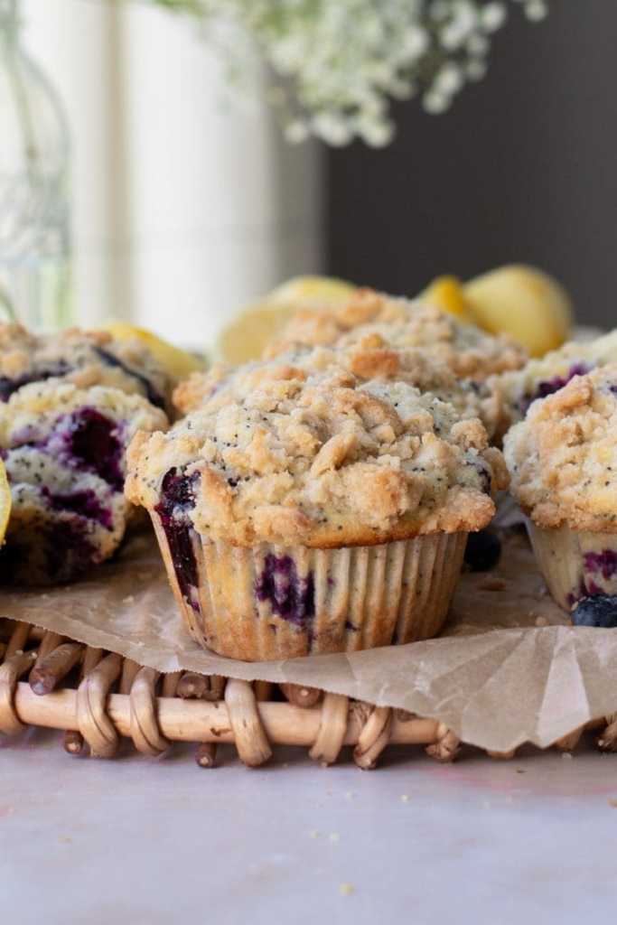 Close up of the lemon blueberry poppy seed muffins.