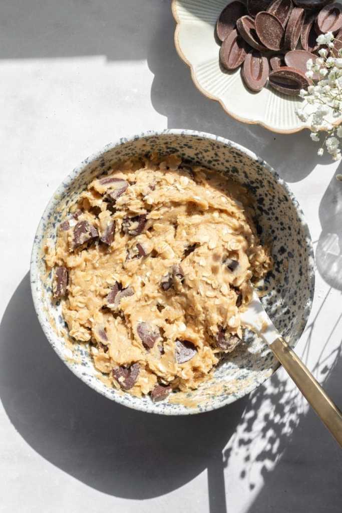 The finished brown butter oatmeal chocolate chip cookie dough, before baking.