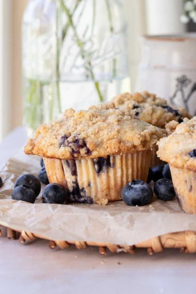 Close up of one of the small batch blueberry muffins.