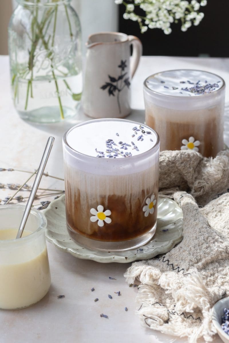 Close up of the white chocolate lavender iced coffee.