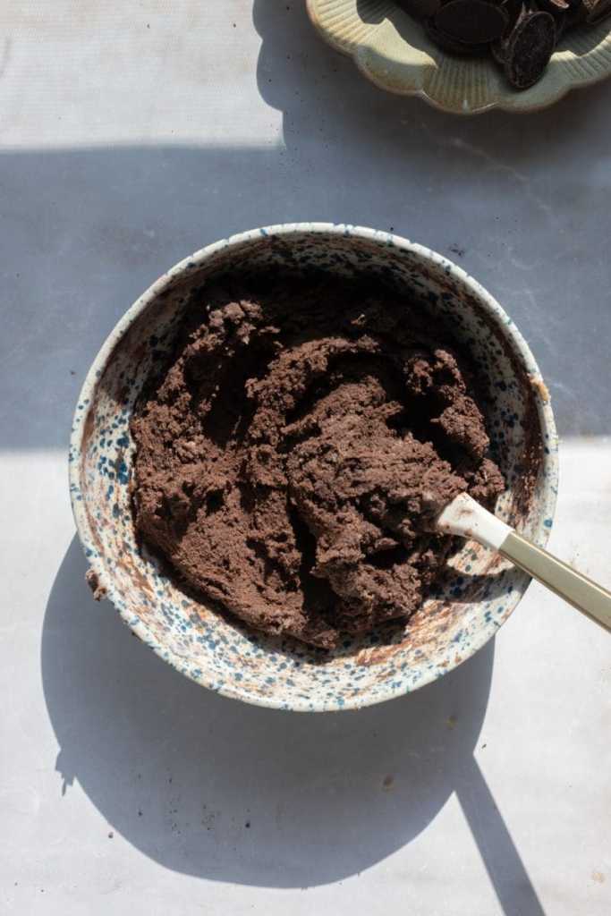 The finished french silk pie cookie dough, in the mixing bowl before baking.