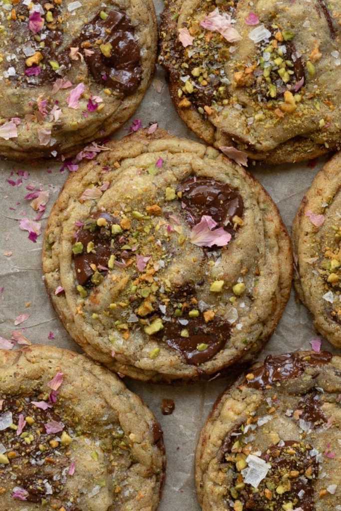 Close up of pistachio chocolate chip cookies