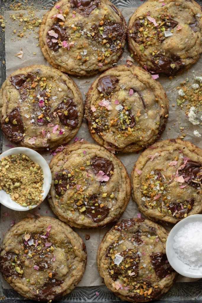 Flat lay of the pistachio chocolate chip cookies.
