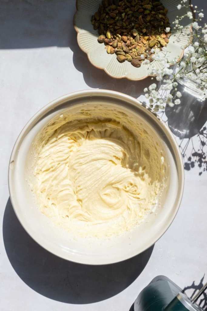 The batter after beating together the butter, sugar, eggs and vanilla.