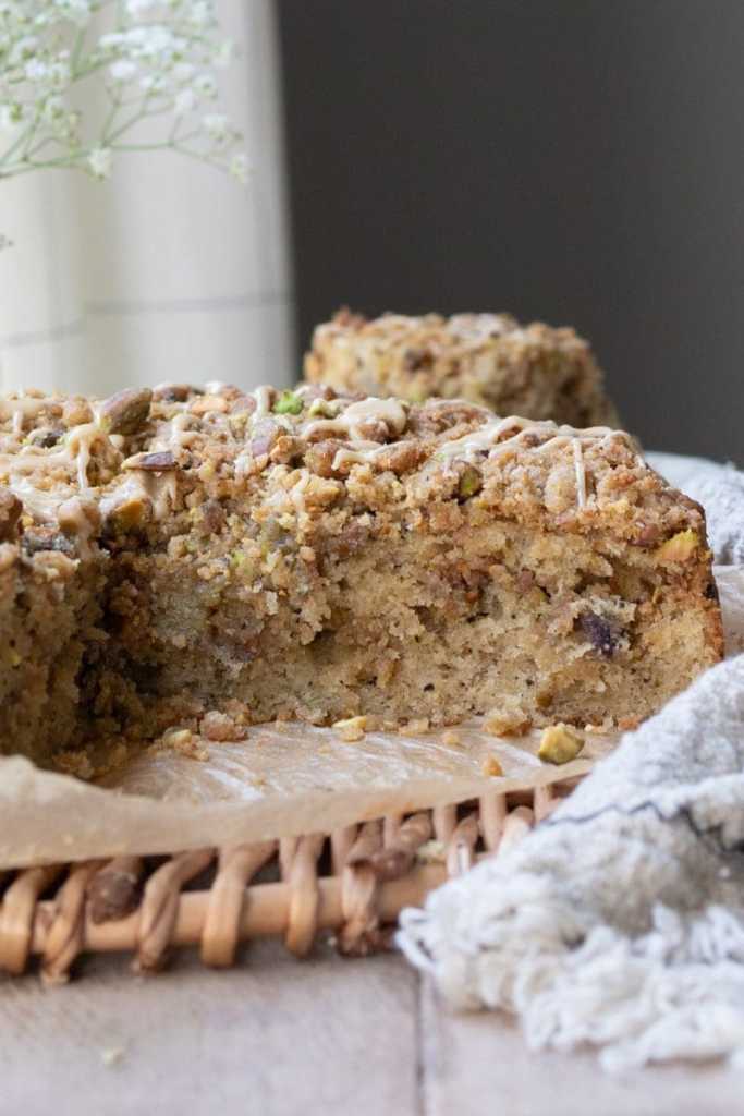 Close-up of a cross section of the pistachio coffee cake