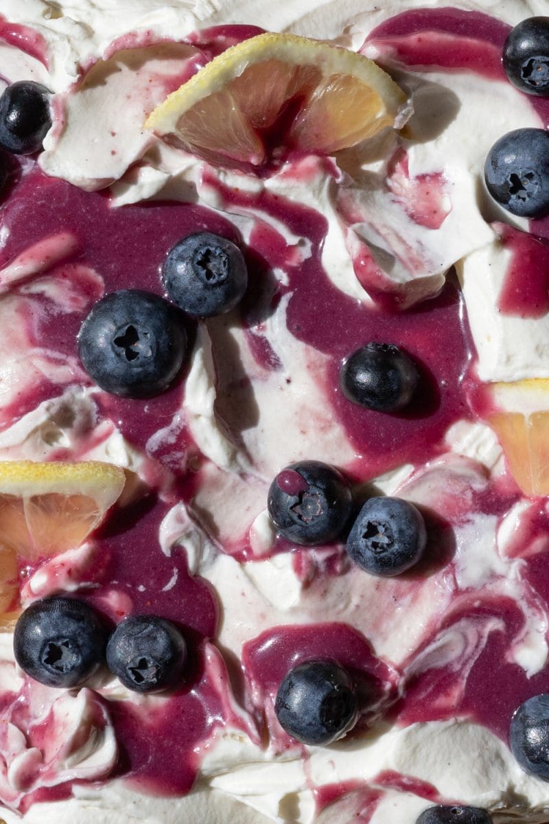 Close up of the frosted lemon blueberry sheet cake.