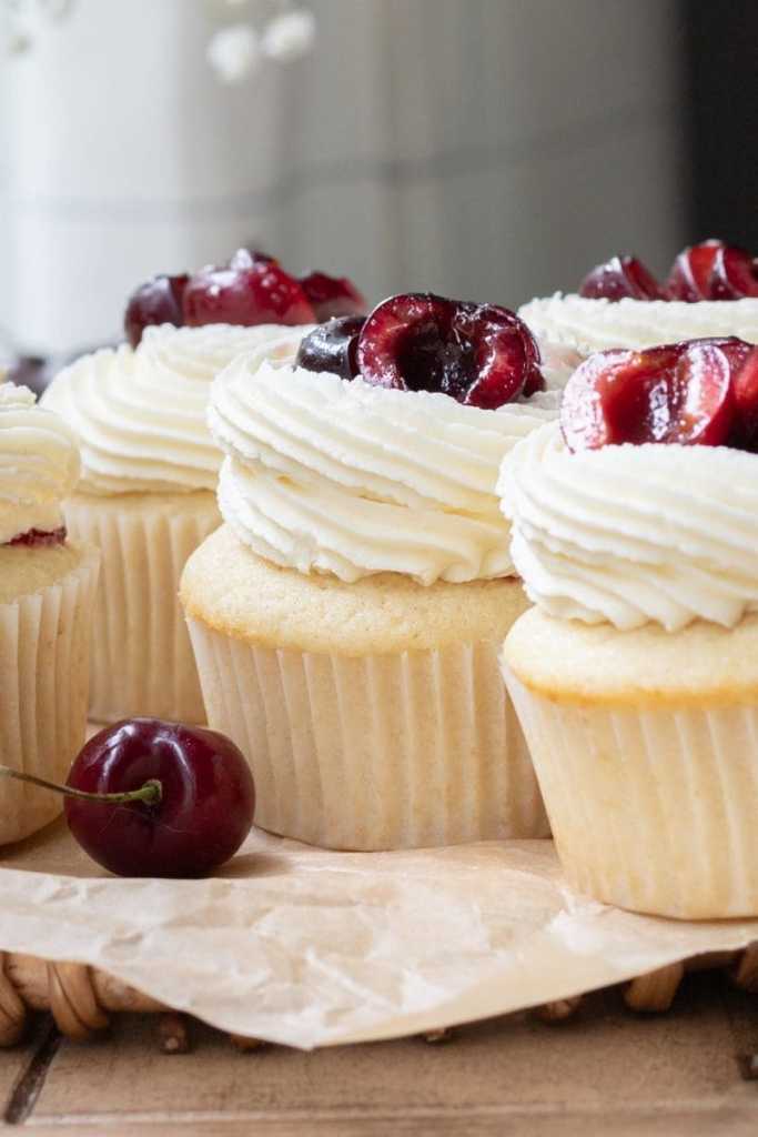 Close up of the white chocolate cherry cupcakes