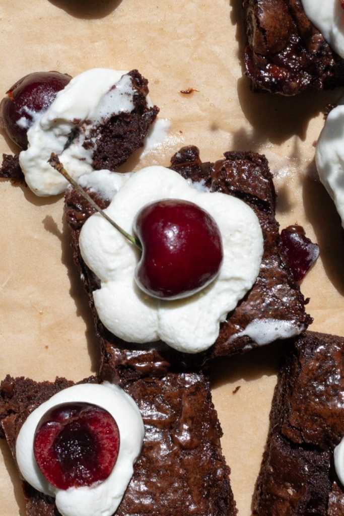 Close up of the black forest brownies.