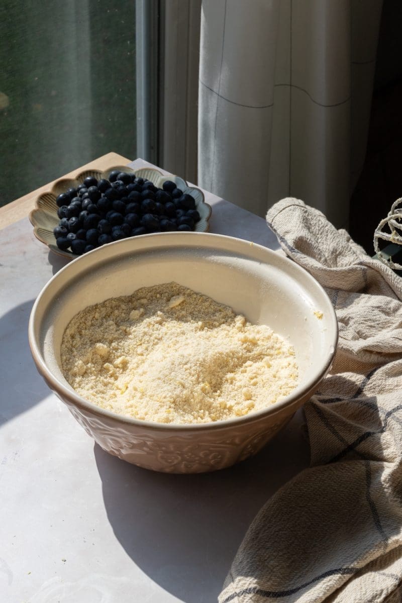 The mixing bowl after beating the butter into the dry ingredients.