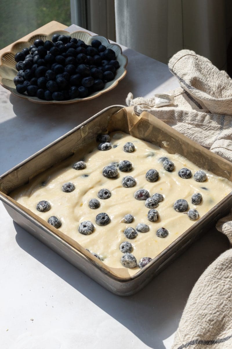 The cake batter in the baking pan prior to baking.