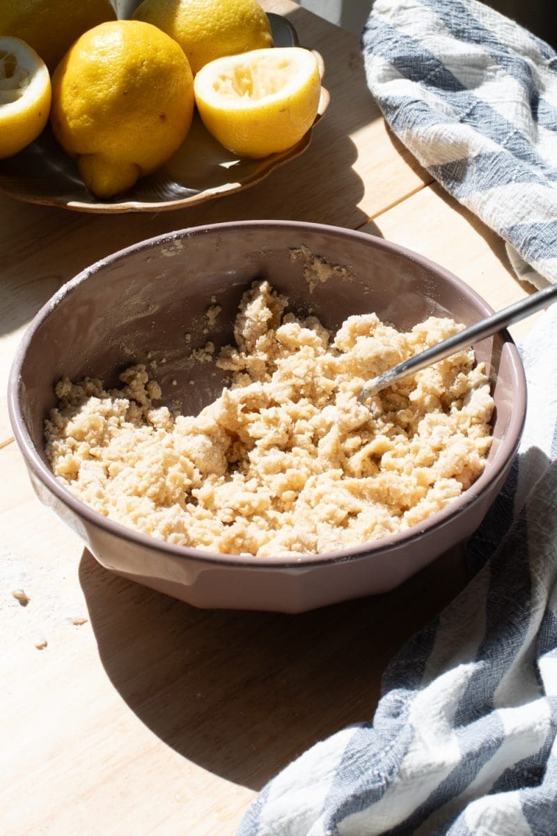 The shortbread crust in a mixing bowl.