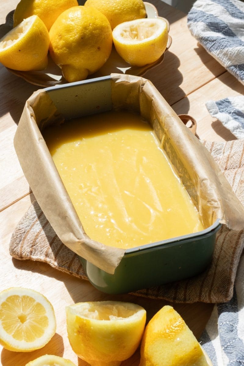 The lemon curd in a loaf pan.