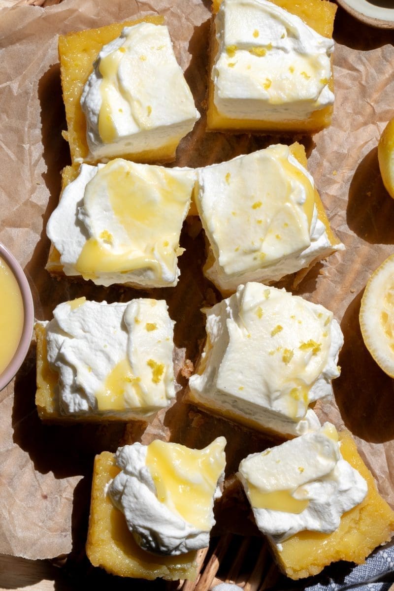 Flat lay of the lemon bars sliced up into 8 squares.