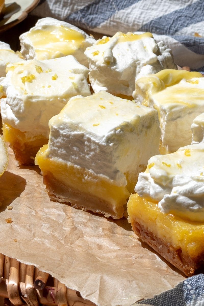 Close up of a slice of the lemon bars