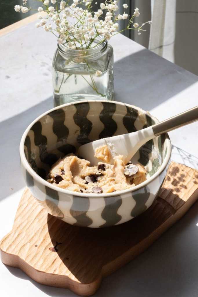 Mixing bowl with the finished cookie dough, prior to baking.