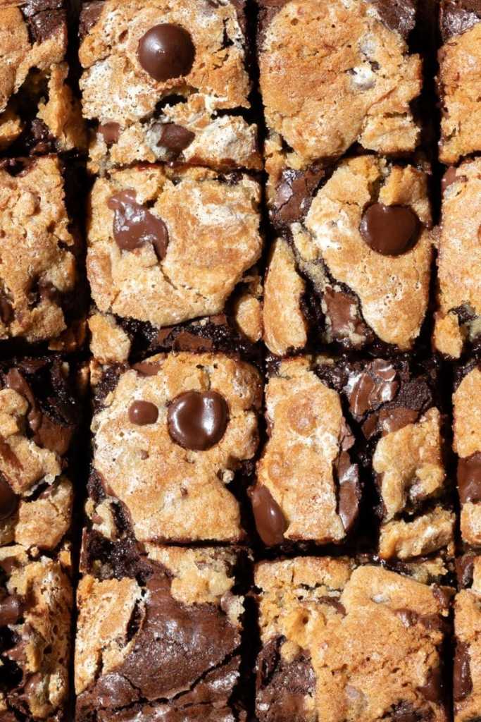 Flat lay close up of the s'mores chocolate chip cookie brownies.