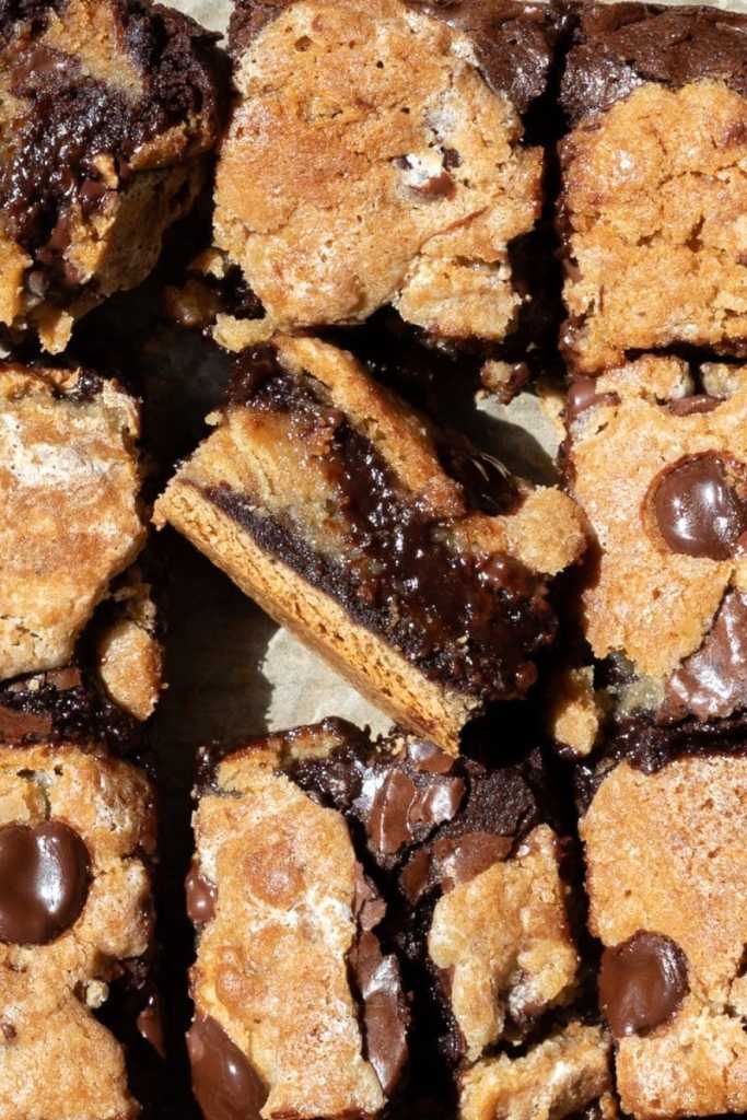 Close up of the cross section of one of the s'mores chocolate chip cookie brownies.
