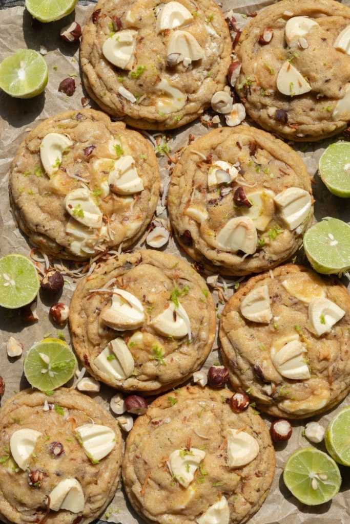 Overhead view of the key lime white chocolate chip cookies.