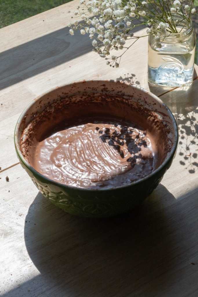 The finished no-bake chocolate cheesecake batter in a mixing bowl.