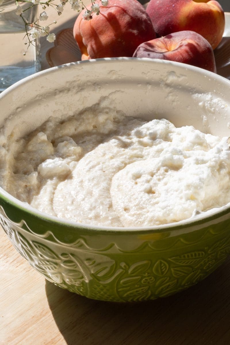 Close up of the finished cake batter in a mixing bowl.