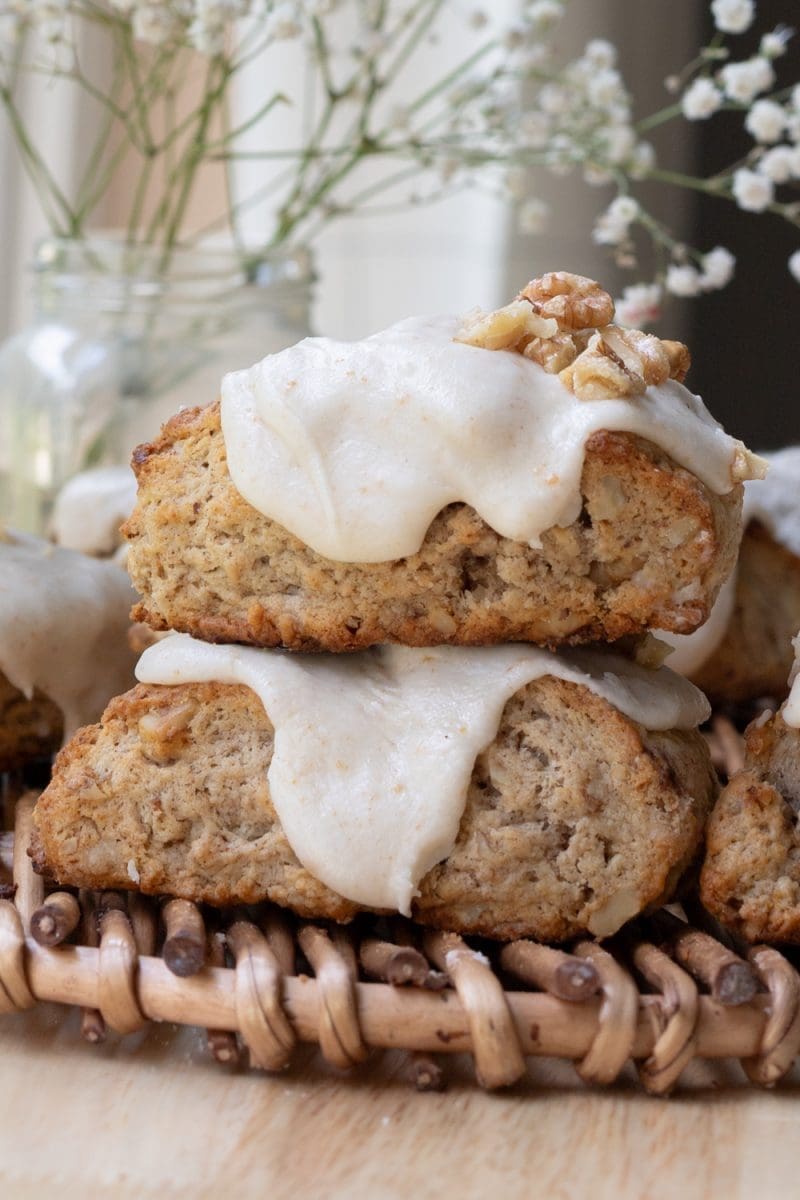 Two banana bread scones stacked on top of each other.