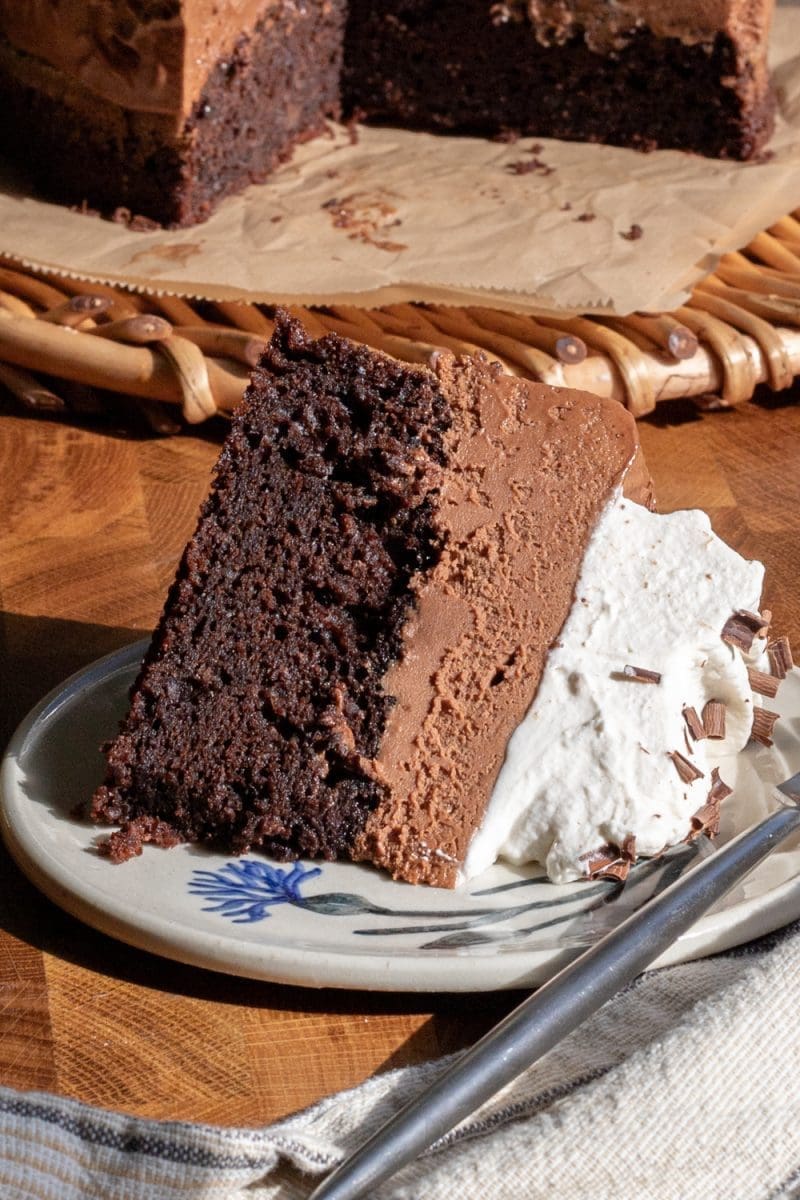 A slice of french silk chocolate cake.