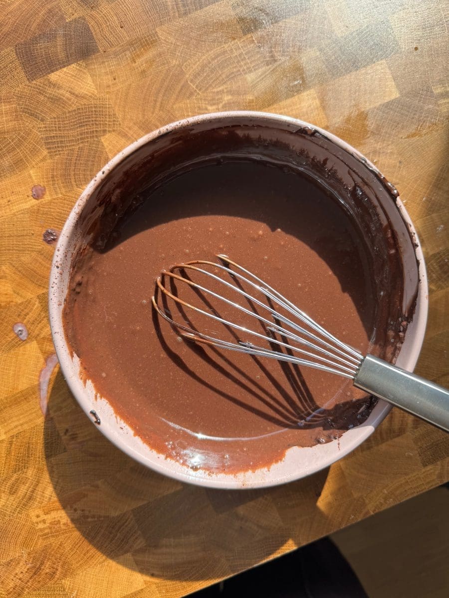 All of the wet ingredients whisked together in a small mixing bowl.