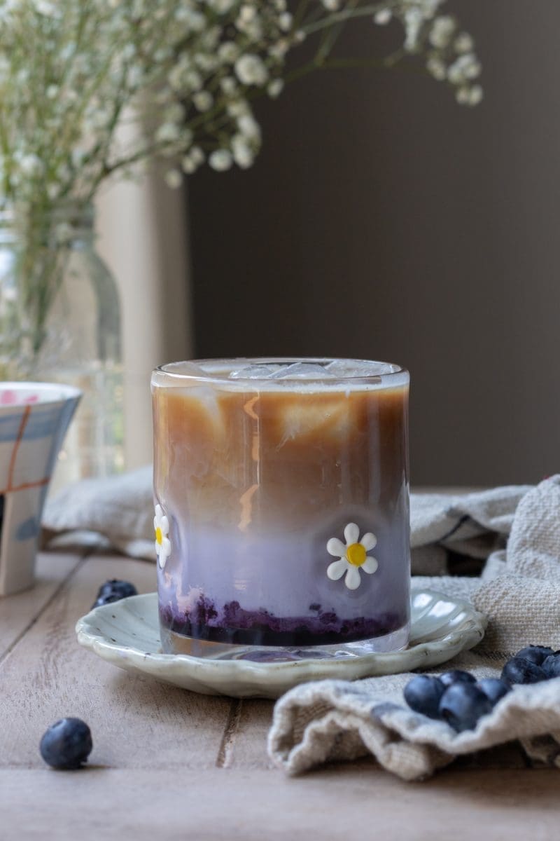 Close up of the iced blueberry latte.