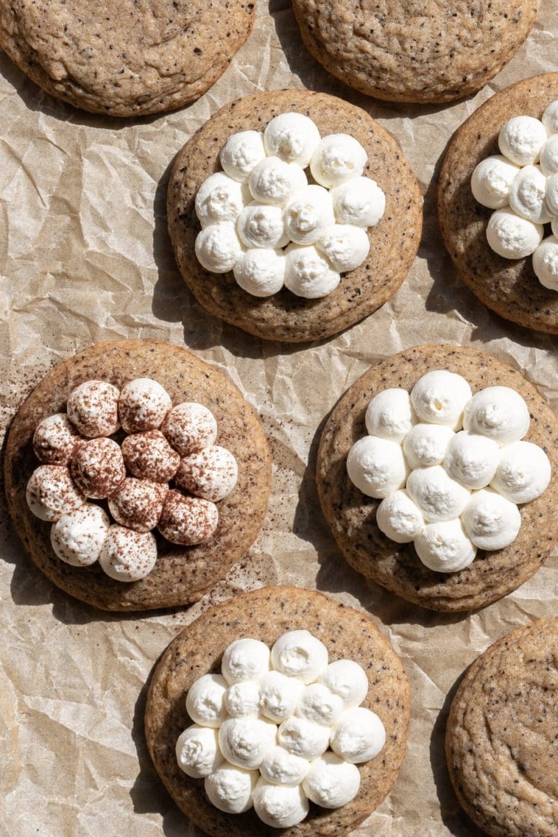 The tiramisu cookies topped with mascarpone whipped cream.