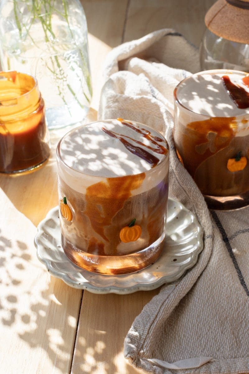 Close up of the pumpkin spice iced coffee.