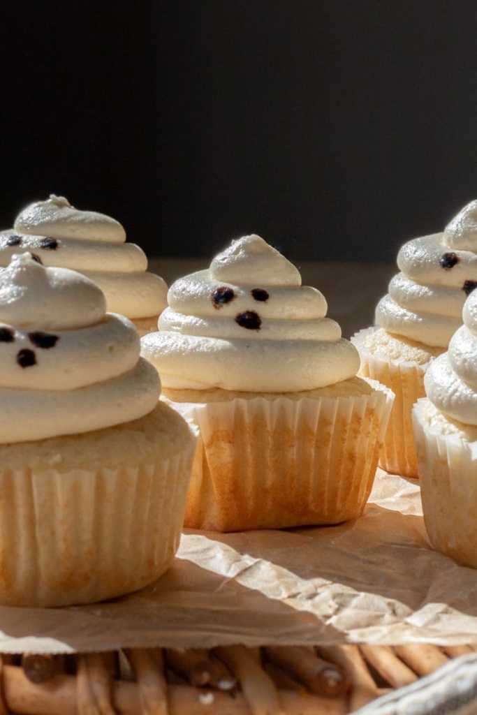 Close up of a marshmallow ghost halloween cupcake.