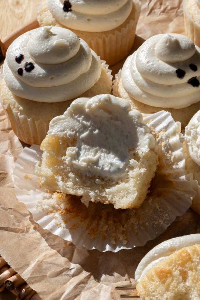 Close up cross-section of the marshmallow ghost halloween cupcakes