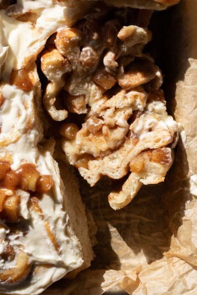 Close up cross section of the apple pie cinnamon rolls.