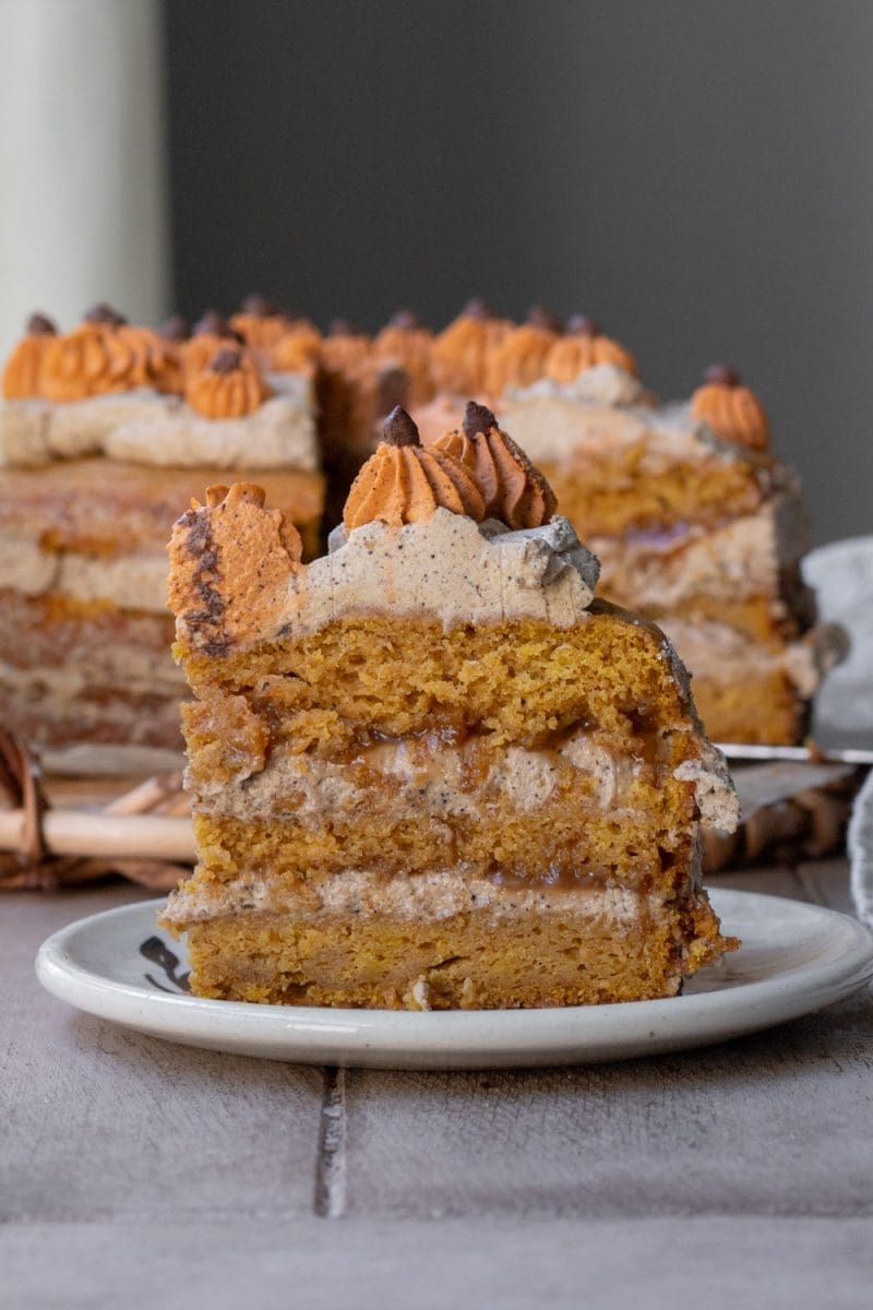 A slice of the caramel pumpkin spice latte cake.