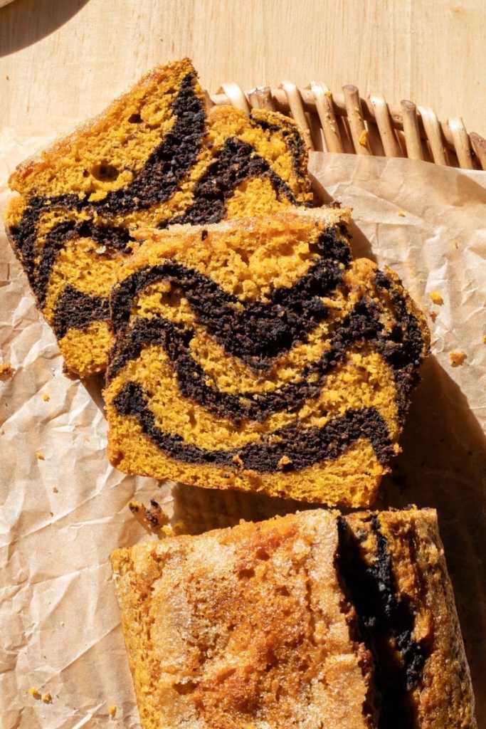 Slices of the chocolate marbled pumpkin bread.