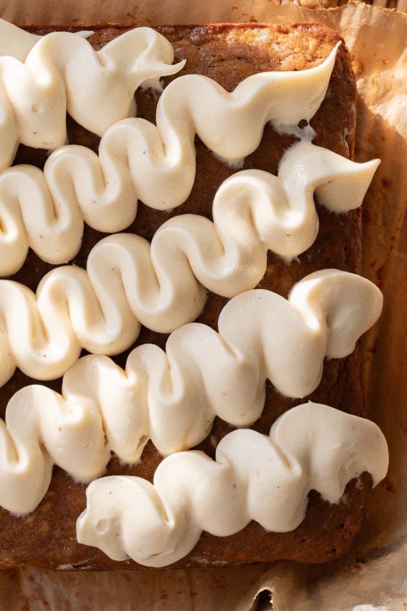 Close up of the frosting on the gingerbread banana sheet cake.