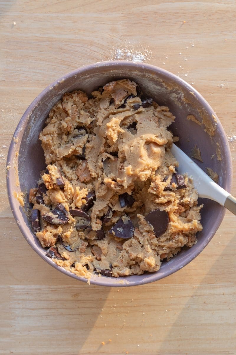 The finished gingerbread chocolate chip cookie dough in a mixing bowl.