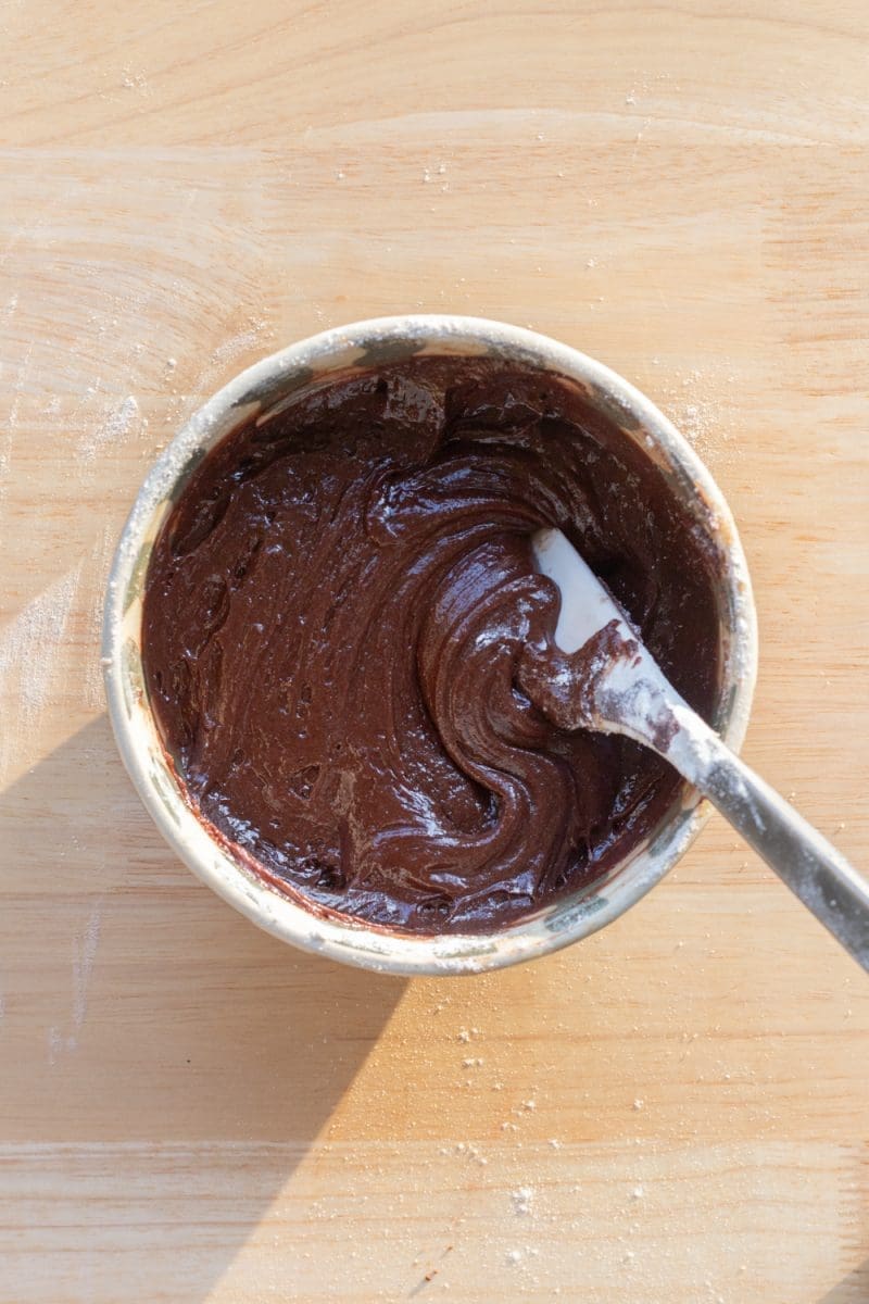 The finished brownie cookie dough in a mixing bowl.