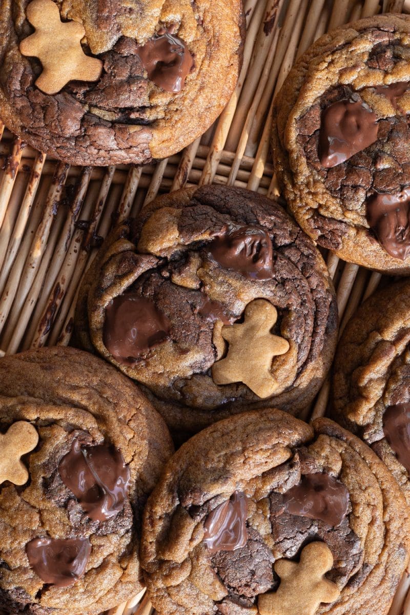 Close up of the brownie gingerbread chocolate chip cookies stacked on top of each other.
