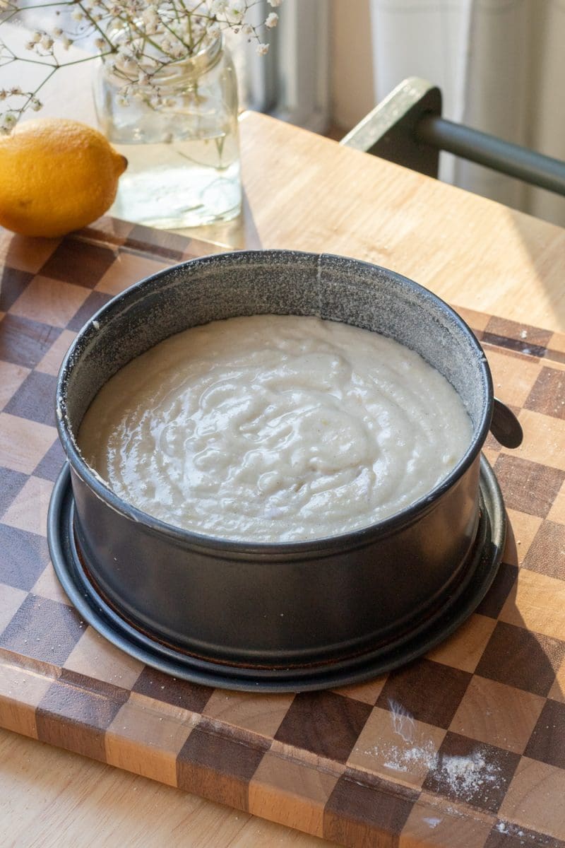 The cake in a springform pan.