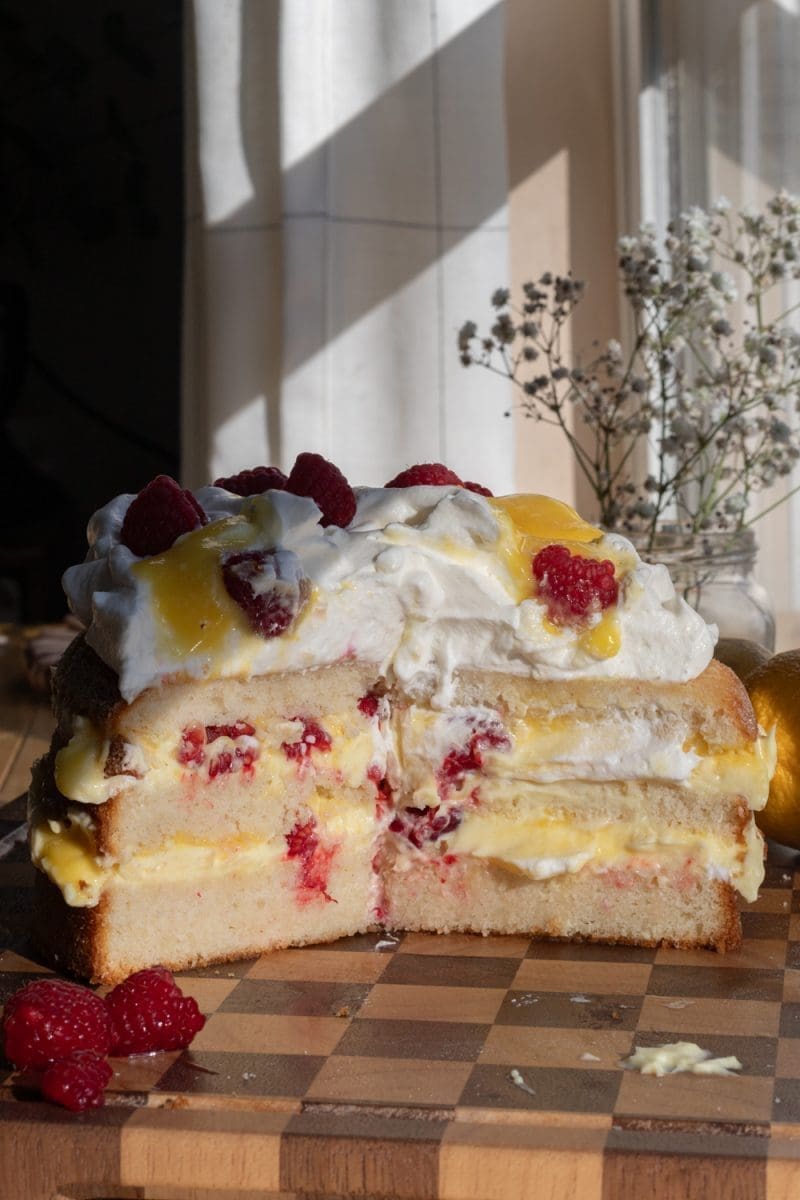 Cross section of the lemon raspberries and cream cake.